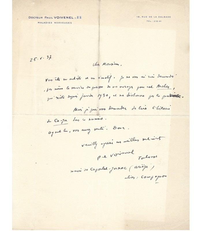 VOIVENEL Paul, neuropsychiatre. 2 lettres autographes (E 10175)