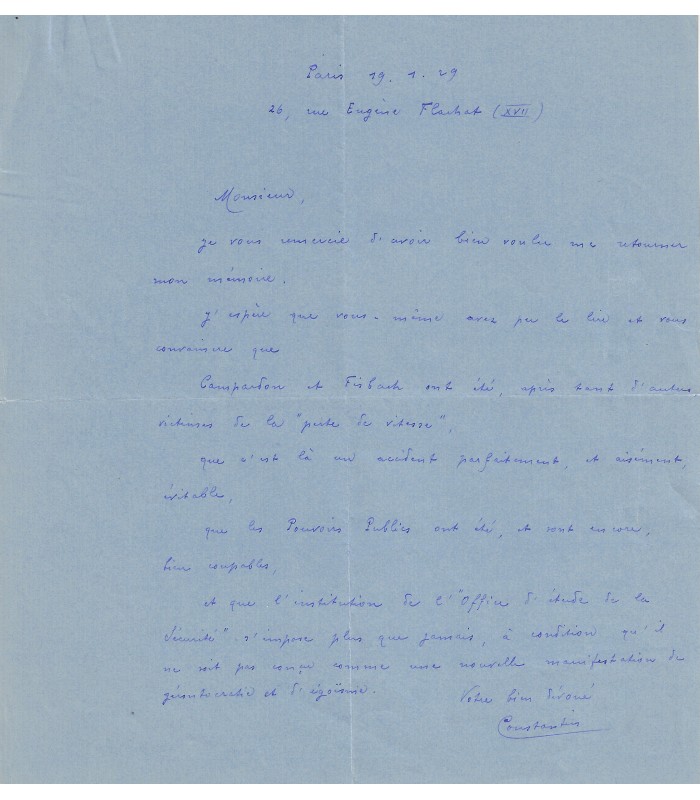 AVIATION - CONSTANTIN Louis. Ingénieur aéronautique, précurseur des éoliennes modernes. 2 Lettres (1929) (Réf. G 4573)