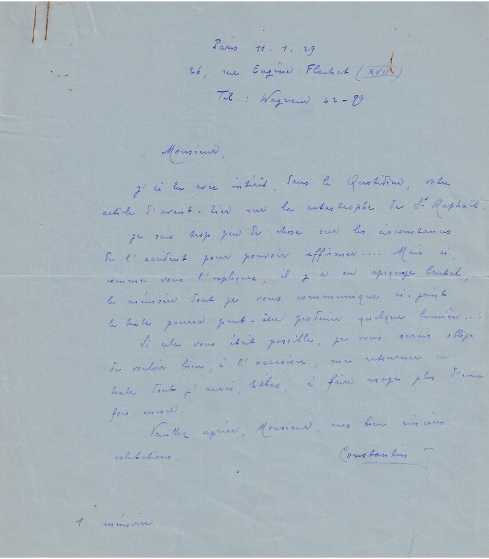 AVIATION - CONSTANTIN Louis. Ingénieur aéronautique, précurseur des éoliennes modernes. 2 Lettres (1929) (Réf. G 4573)