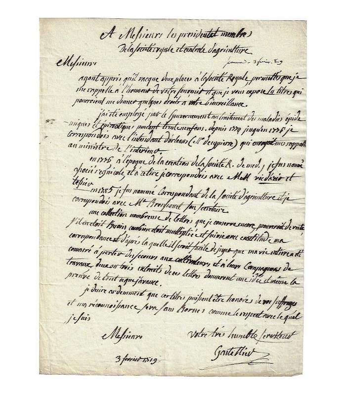 GASTELLIER René. Médecin épidémiologiste du XVIIIe siècle. Lettre (Réf. G 1078)