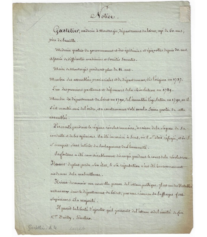 GASTELLIER René. Médecin épidémiologiste du XVIIIe siècle. Lettre (Réf. G 1078)