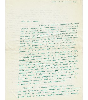 BEDOUIN Jean-Louis. Poète surréaliste. Lettre à l'alchimiste René Alleau, novembre 1959 (Réf. G 5869)