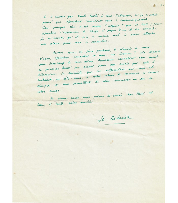 BEDOUIN Jean-Louis. Poète surréaliste. Lettre à l'alchimiste René Alleau, novembre 1959 (Réf. G 5869)