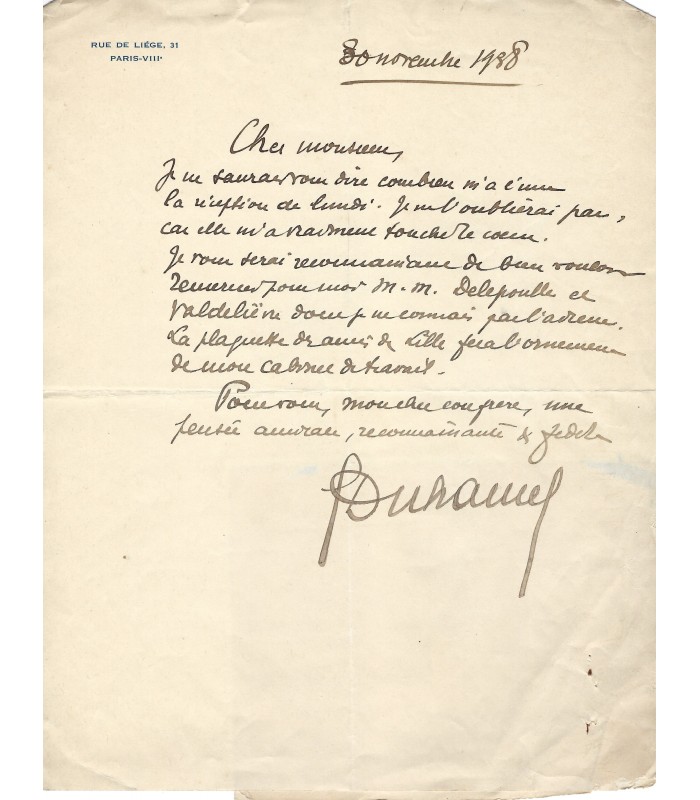 DUHAMEL Georges, médecin et écrivain. Lettre autographe (Réf. G 6006)