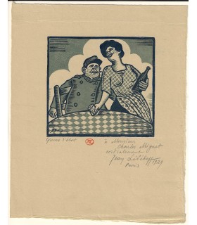 LEBEDEFF Jean. Peintre et graveur russe naturalisé français. Lettre et bois gravé à Charles Miguet, 1929 (BL Miguet)