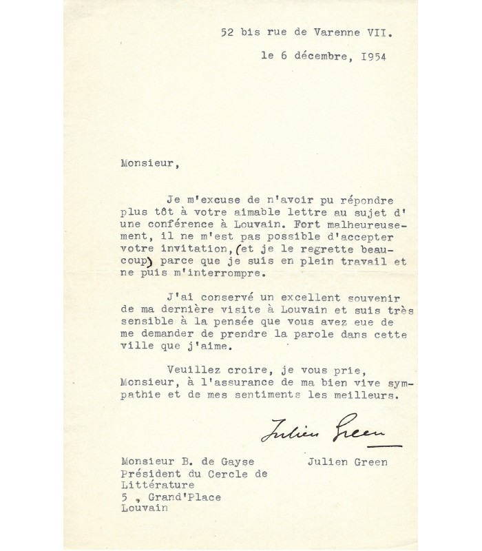 GREEN Julien, écrivain. Lettre dactylographiée signée (G 3534)