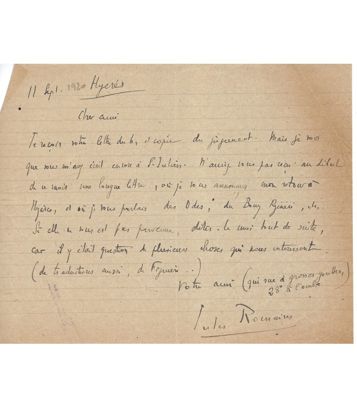 ROMAINS Jules. Ecrivain, poète, dramaturge. Membre de l'Académie française. Lettre, 11 septembre (1920 ?) (Réf. G 5915)