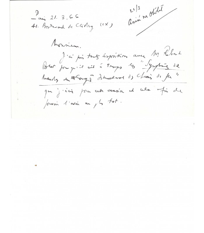 SAUGUET Henri, compositeur. Lettre Autographe. (G 3057))