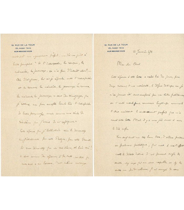 WALLON Henri. Psychologue, médecin. Initiateur de la réforme Langevin-Wallon. Lettre de 6 pages, janvier 1931 (Réf. G 1443)