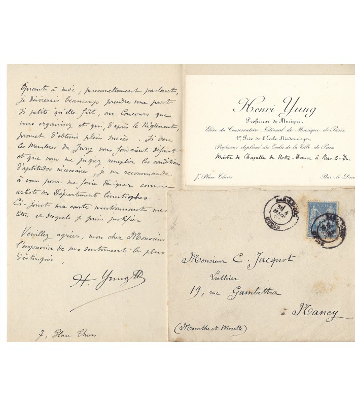 YUNG Henri. Professeur et Maître de Chapelle. Lettre et carte de visite (E 10592BIS)