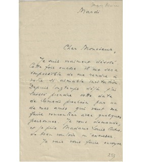 ALAIN-FOURNIER. RIVIERE Jacques. Directeur de la N.R.F. Beau-frère d'Alain-Fournier. Lettre à Louis Artus (Réf. G 5866)