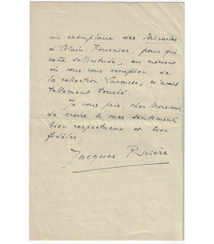 ALAIN-FOURNIER. RIVIERE Jacques. Directeur de la N.R.F. Beau-frère d'Alain-Fournier. Lettre à Louis Artus (Réf. G 5866)