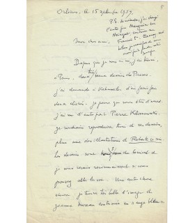 BATAILLE Georges. Ecrivain, poète, essayiste. Lettre, 15 septembre 1959 (Réf. G 5958)