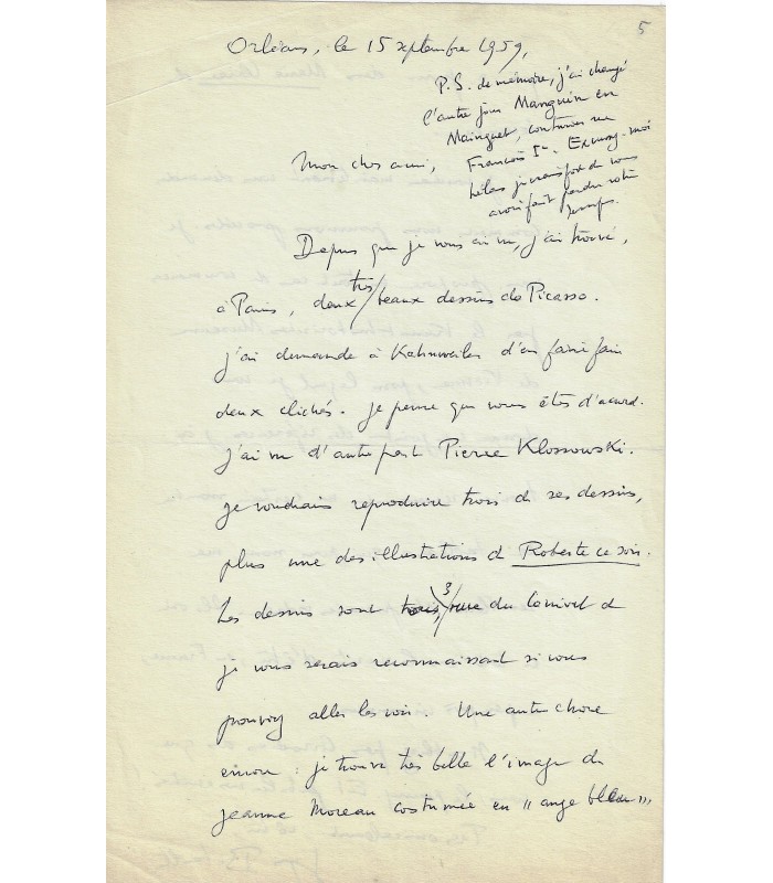 BATAILLE Georges. Ecrivain, poète, essayiste. Lettre, 15 septembre 1959 (Réf. G 5958)
