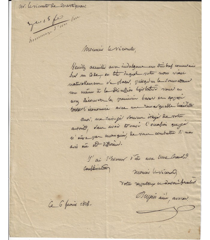 DUPIN L'aîné. Docteur en Droit. Avocat et Homme politique, proche de Louis-Philippe. Député. 3 Lettres (E 10326)