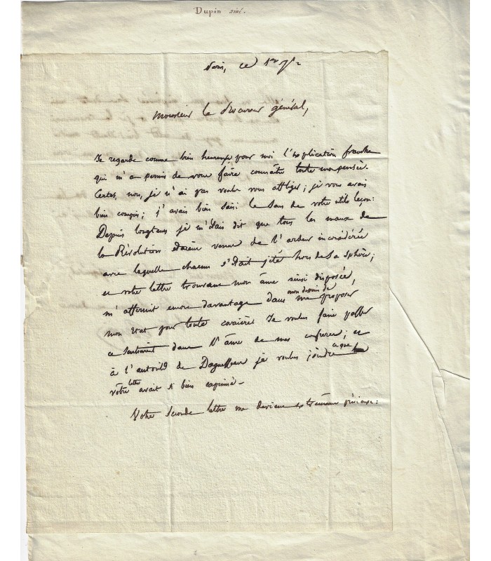 DUPIN L'aîné. Docteur en Droit. Avocat et Homme politique, proche de Louis-Philippe. Député. 3 Lettres (E 10326)