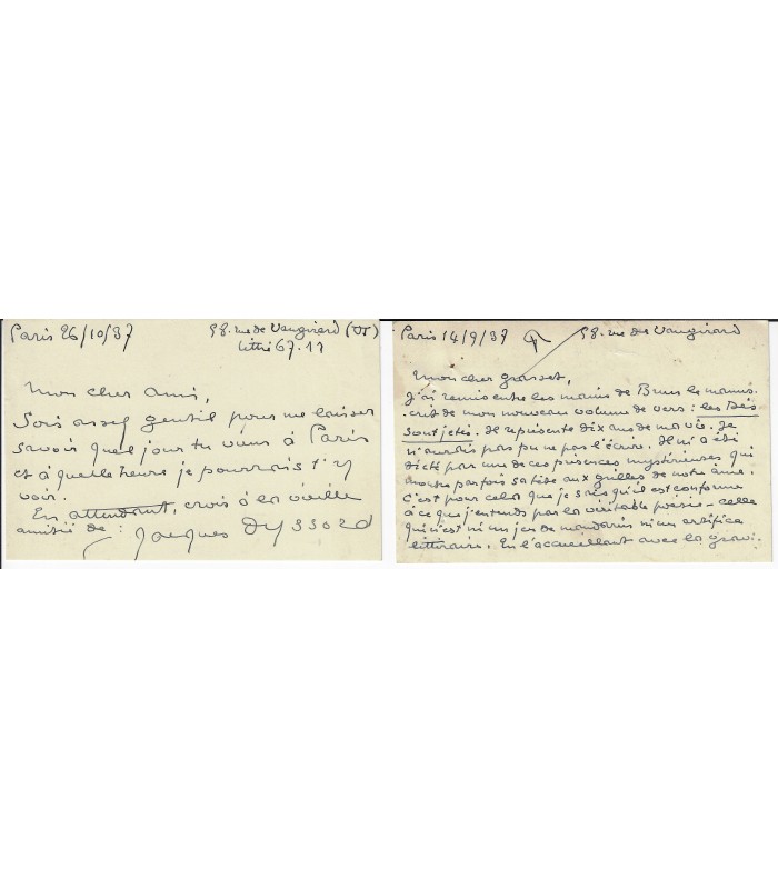 DYSSORD Jacques. Poète, écrivain, apparenté au groupe des Fantaisistes. Lettre à Bernard Grasset (1937) (Réf. G 5678)