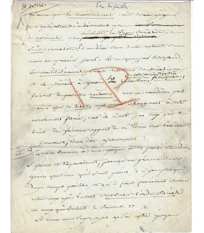 ENFANTIN Prosper. Ecrivain. Chef de file du saint-simonisme. Manuscrit (ratures et corrections) au sujet du Constitutionnel