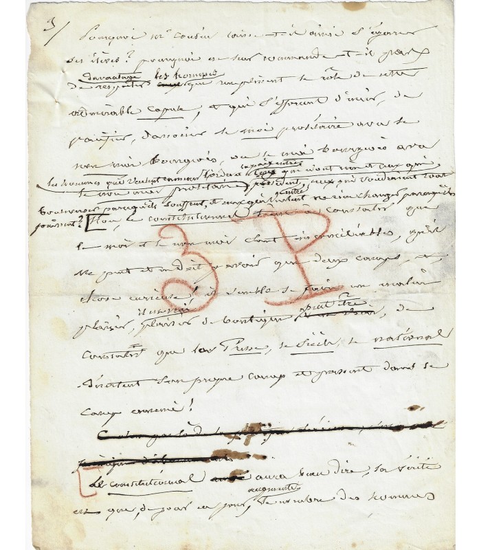 ENFANTIN Prosper. Ecrivain. Chef de file du saint-simonisme. Manuscrit (ratures et corrections) au sujet du Constitutionnel