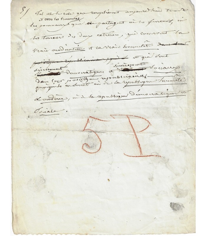 ENFANTIN Prosper. Ecrivain. Chef de file du saint-simonisme. Manuscrit (ratures et corrections) au sujet du Constitutionnel