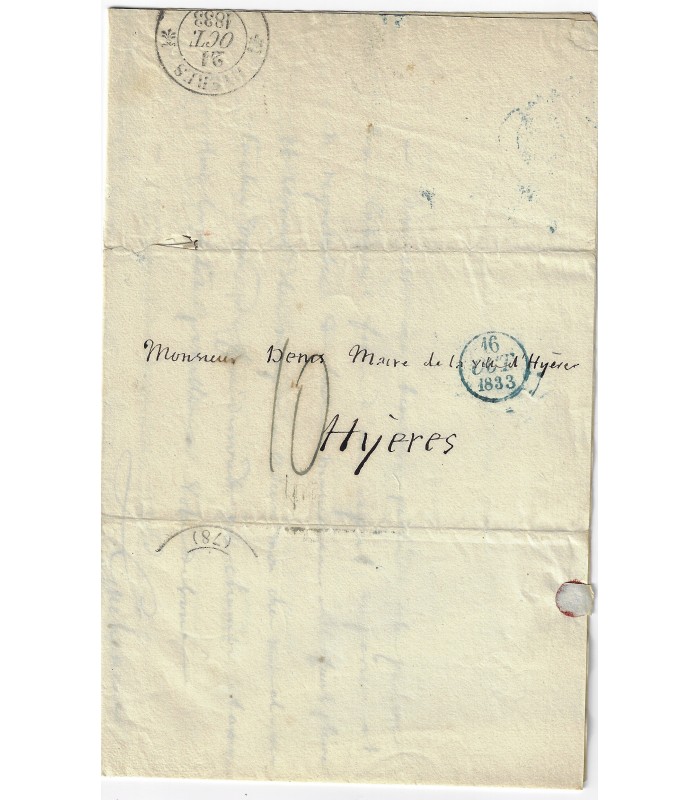 GUEHENEUC Charles Louis Jospeh Olivier. Général du Premier Empire. Lettre au maire de Hyères, 1833 (E 10597)