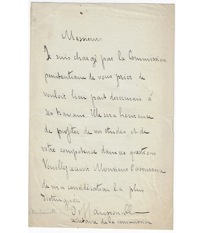 HAUSSONVILLE Comte d'. Avocat. Homme politique, essayiste. Lettre. (E 10598)