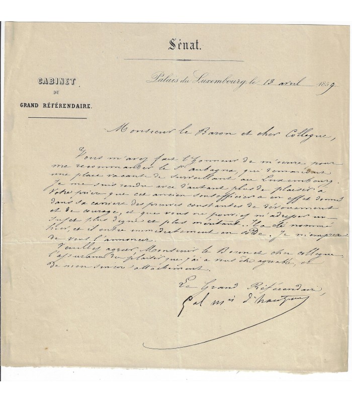 HAUTPOUL Alphonse Henri d'. Général. Ministre de la Guerre. Lettre signée (Réf. E 10493)