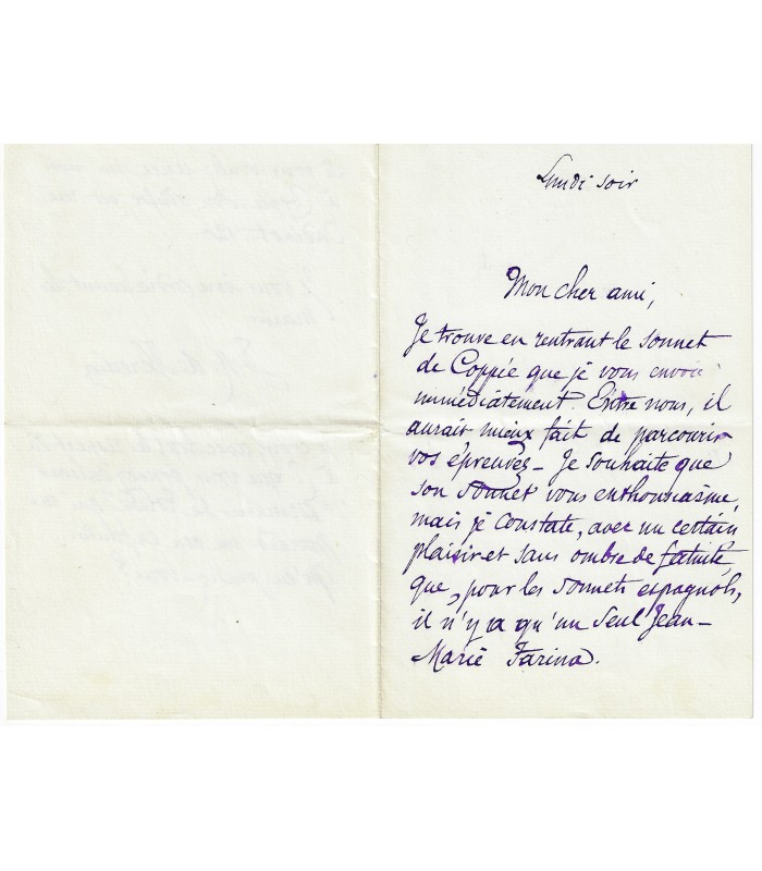 HEREDIA Jose Maria de. Poète parnassien. Lettre (sans date) (Réf. G 5964)