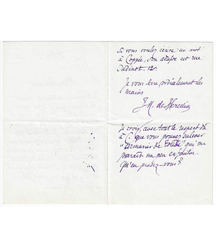 HEREDIA Jose Maria de. Poète parnassien. Lettre (sans date) (Réf. G 5964)