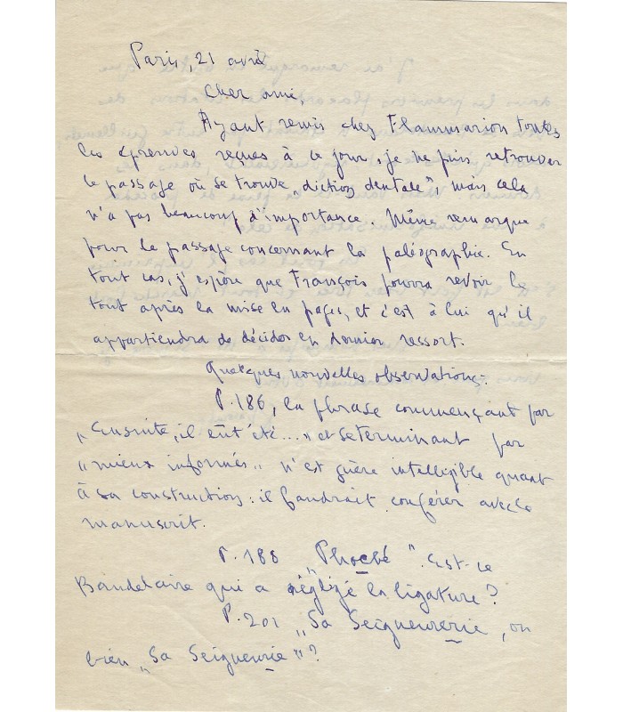 PORCHE François - LACOMBE PAUL. 3 lettres signées Lacombre, sur projet éditorial de François Porcher "Baudelaire" ( E 10601)