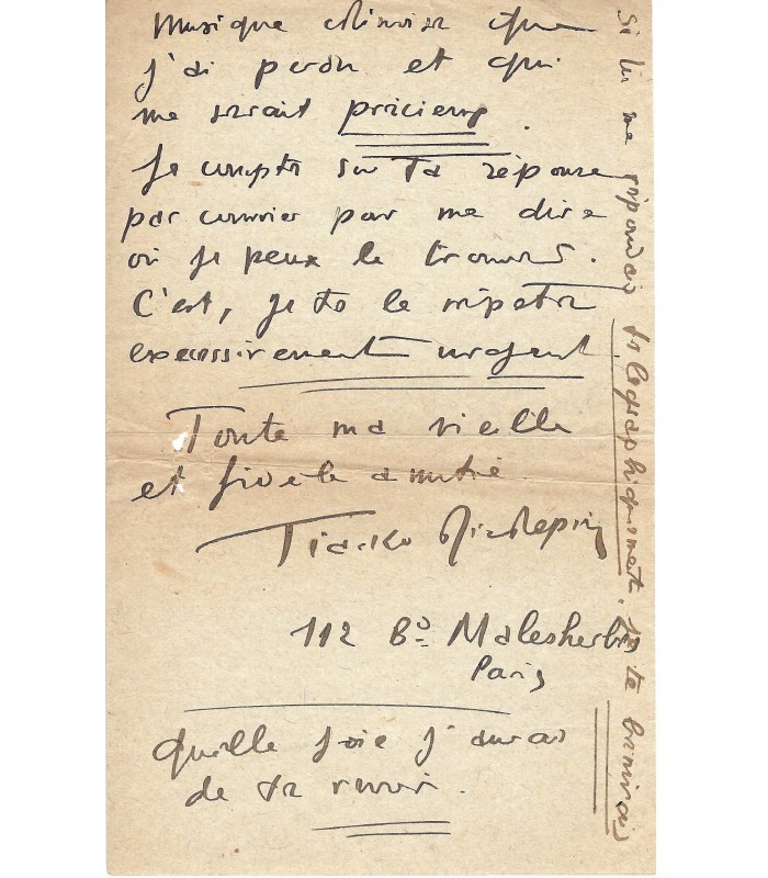 RICHEPIN (Tiarko). Compositeur. Fils du poète. Lettre autographe au sinologue Soulié de Morant (G 4151)