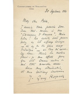 ROPARTZ Joseph Guy. Compositeur. Professeur au conservatoire de Strasbourg. Lettre au poète Paul Fort (Réf. G 4651)