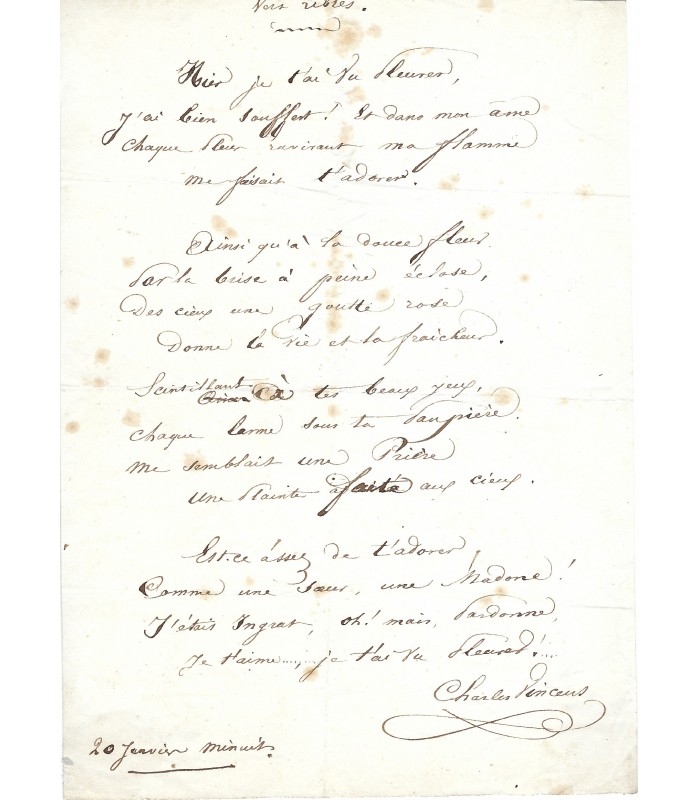 VINCENT Charles-Hubert. Chansonnier, goguettier, romancier, auteur auteur dramatique. Poème d'amour (E 10595)