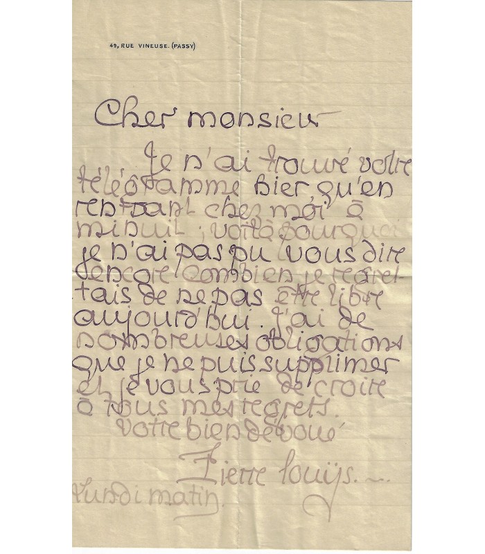 LOUYS Pierre. Poète, écrivain. Lettre à Georges Manuel, 1892 (Réf. G 3276)