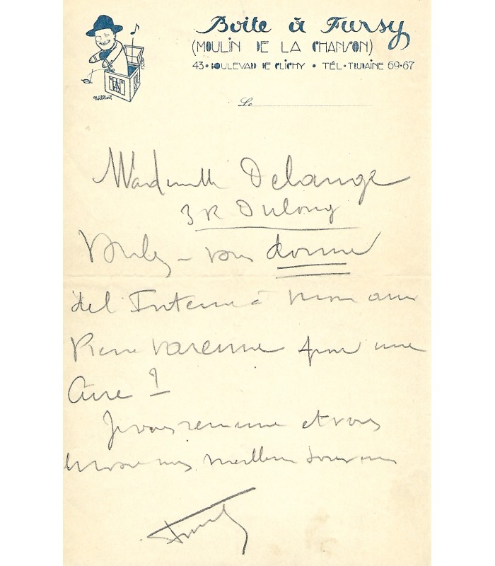 FURSY Henri Dreyfus, dit. Chansonnier, directeur de cabarets. Lettre (Réf. G 5127)