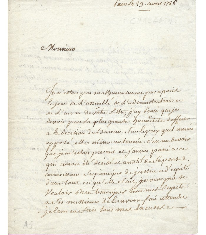 CHALGRIN Jean-François, architecte. Lettre autographe (G 3813)