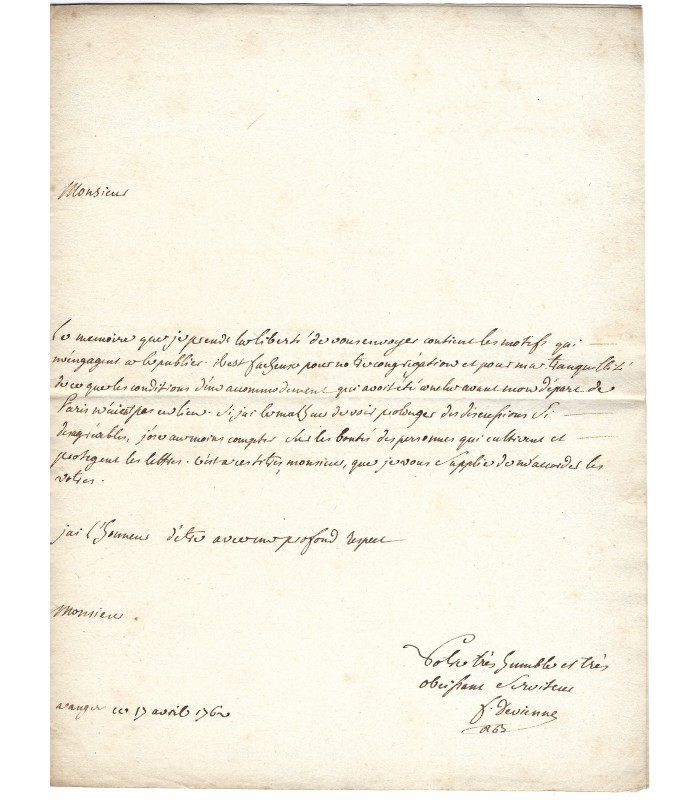 DEVIENNE Charles, bénédictin, auteur d'une Histoire de Bordeaux.  Lettre autographe, 1760  ( Réf. G 6036)