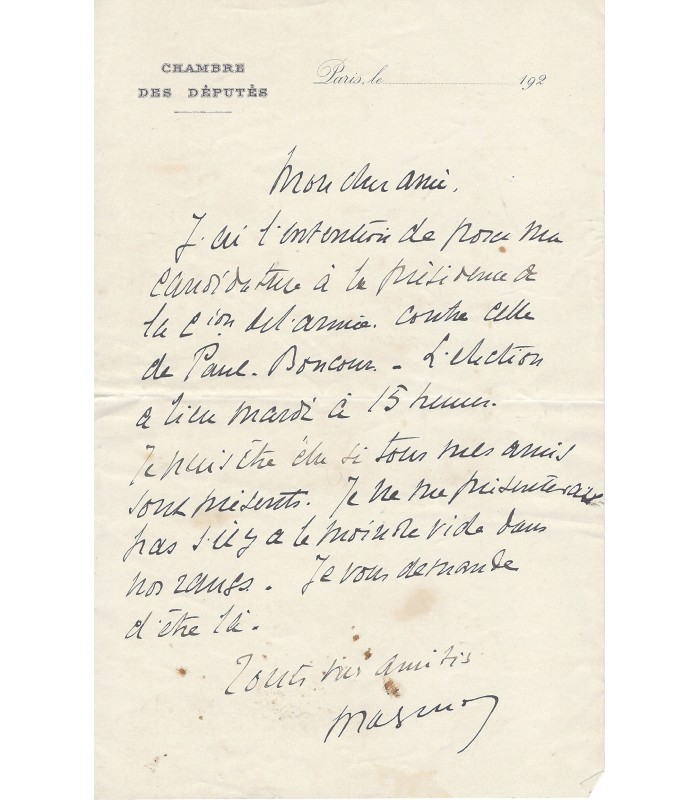 MAGINOT André. Ministre.  Il donna son nom à la ligne de fortifications construite par la France. Lettre (Réf. G 5844)