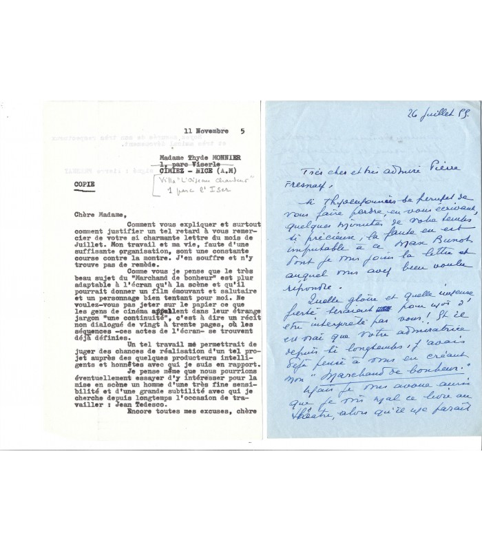 MONNIER Thyde, romancière. Lettre autographe à Pierre Fresnay, 1955 (Réf. G 2314).