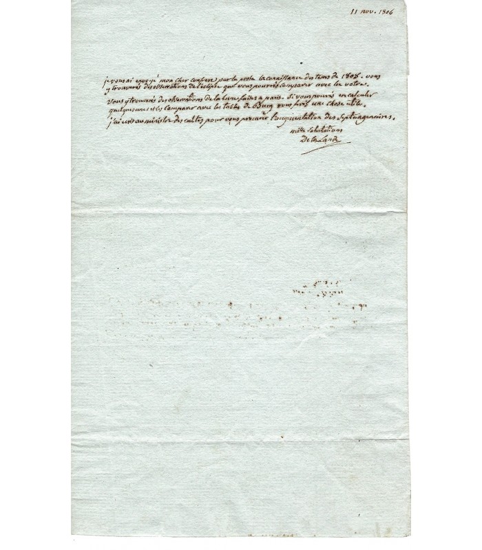 LALANDE Joseph, astronome. Membre de l’Académie des Sciences (1753). Lettre autographe (Réf. G 421)