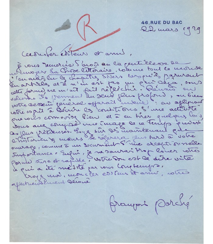 PORCHE François, poète et dramaturge. 2 Lettres autographes à l'éditeur Grasset (Réf. G 6005)