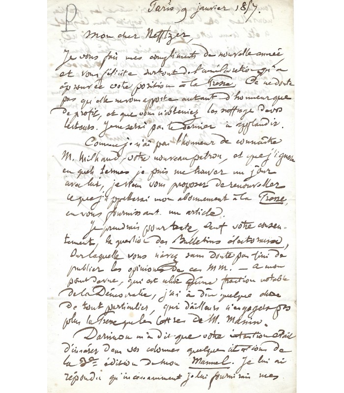 PROUDHON Pierre-Joseph. philosophe, théoricien révolutionnaire. Lettre autographe à Nefftzer, 9 janvier 1857 (Réf. G 5961)