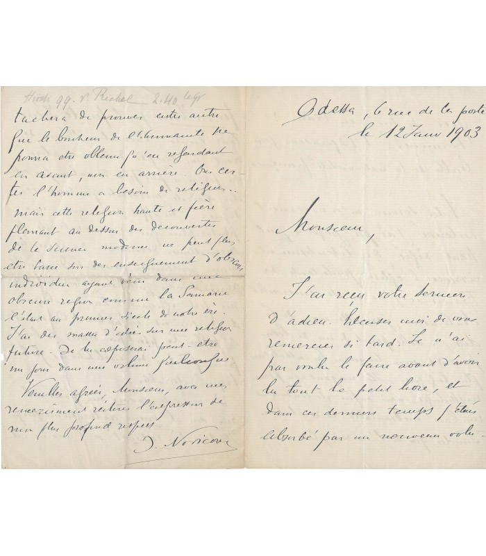 NOVICOW Jacques, sociologue russe. Lettre autographe (G 948)
