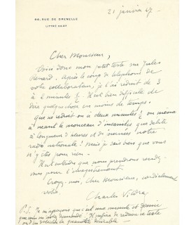 VILDRAC Charles, poète, dramaturge. Lettre autographe, 1947 (Réf. G 5827)