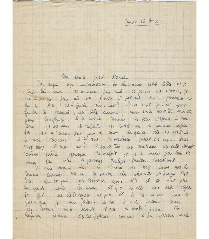 SARTRE Jean-Paul. Philosophe. Intellectuel engagé. Lettre d'amour à Wanda Kosakiewicz (Réf. G 3429)
