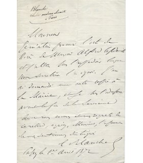 BLANCHE EMILE, docteur aliéniste. Lettre Autographe (G 1732)