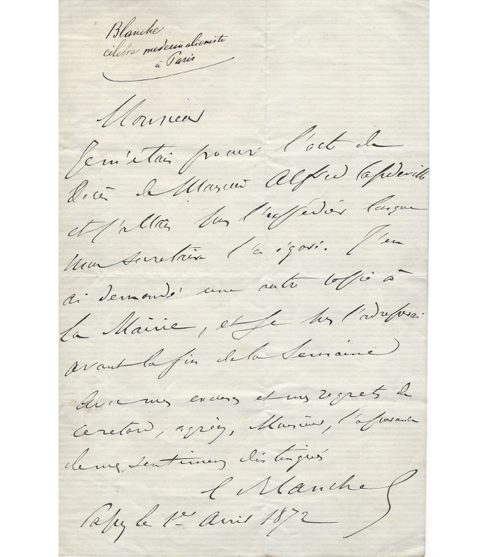 BLANCHE EMILE, docteur aliéniste. Lettre Autographe (G 1732)