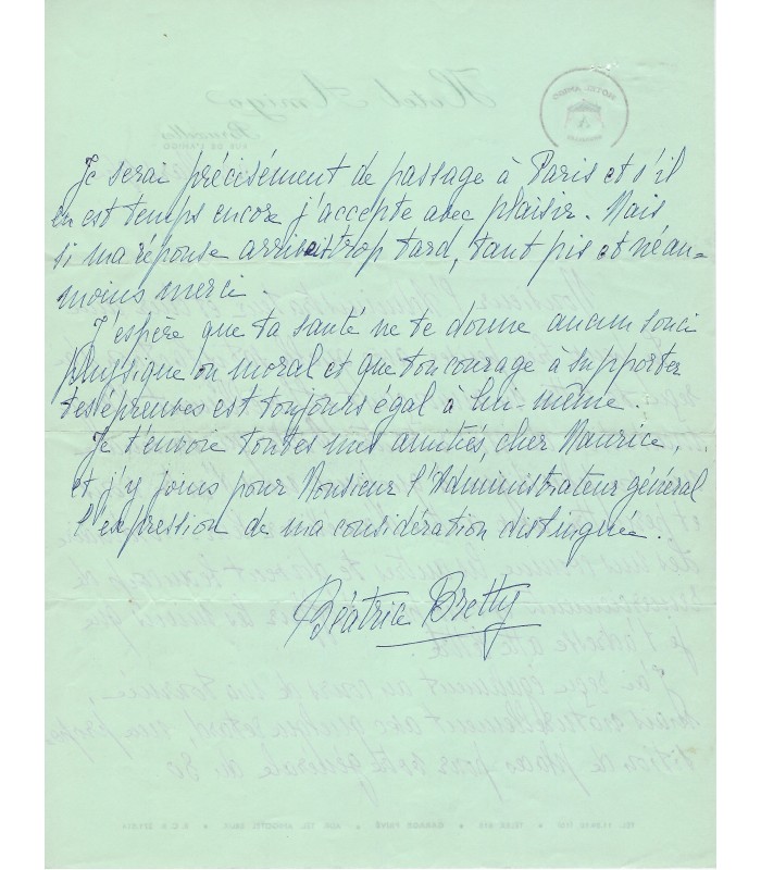 BRETTY Béatrice. Actrice. Sociétaire de la Comédie-Française. 2 lettres autographes à Maurice Escande (Réf. E 10035)