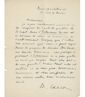 CARCO Francis. Ecrivain, poète. Grand Prix de l'Académie française pour l'Homme traqué. Lettre Autographe (Réf. G 3607)
