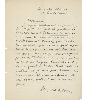 CARCO Francis. Ecrivain, poète. Grand Prix de l'Académie française pour l'Homme traqué. Lettre Autographe (Réf. G 3607)